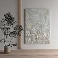 Textured Gray Floral Painting On Wall With Green Plant In Vase