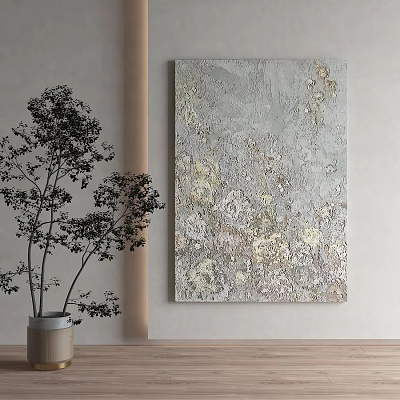 Textured Gray Floral Painting On Wall With Green Plant In Vase 3d model