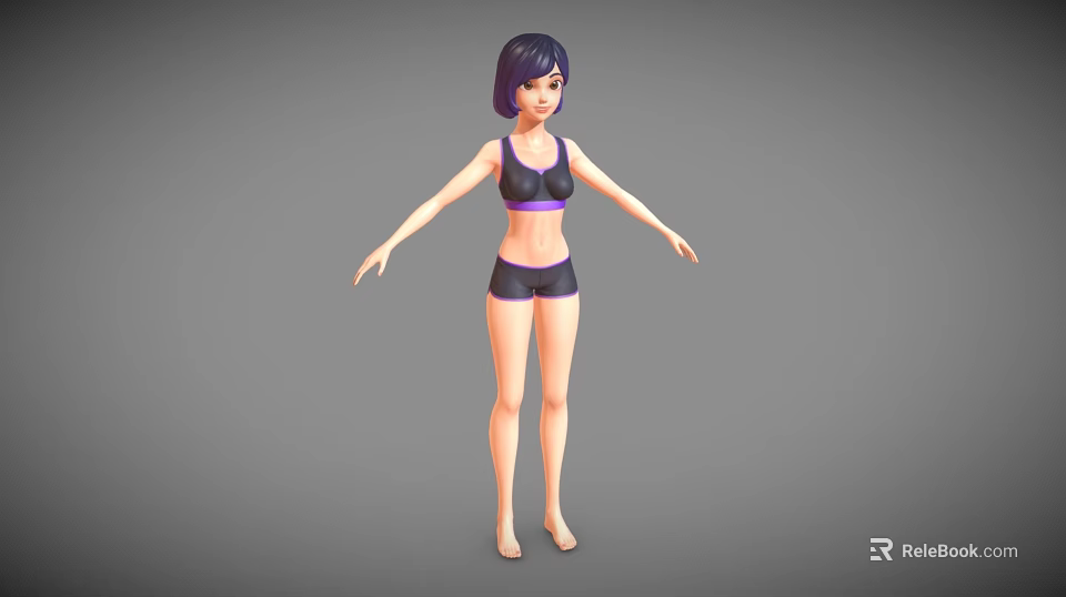 Woman In Black Sports Bra With Purple Trim And Black Shorts Standing Pose 3d model 