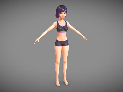 Woman In Black Sports Bra With Purple Trim And Black Shorts Standing Pose 3d model