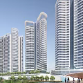 Modern Curved High Rise Building With Balconies Pedestrian Walkway And Green Trees