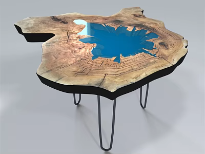 Wooden Coffee Table With Irregular Shape Blue Resin Inlay And Metal Legs 3d model