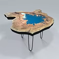 Wooden Coffee Table With Irregular Shape Blue Resin Inlay And Metal Legs