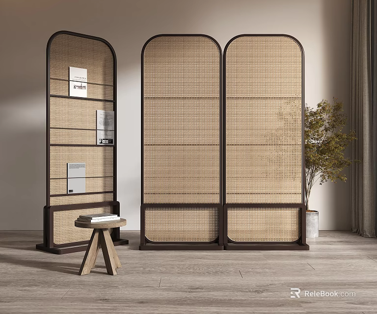 Modern Interior With Wicker Screens Shelved Screen And Stool 3d model