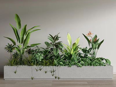 Indoor Potted Green Plants In Gray Rectangular Planter With Various Leaves Shapes And Orange Flowers 3d model