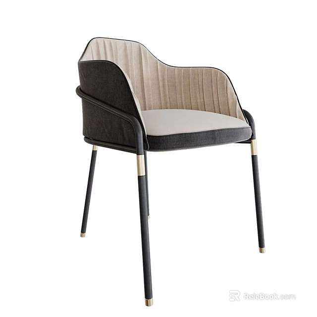 Modern Upholstered Dining Chair With Stitched Backrest Black Beige And Golden Legs 3d model 