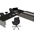 Modern Office Desk with Black Office Chairs Computer Monitor and Storage Cabinet