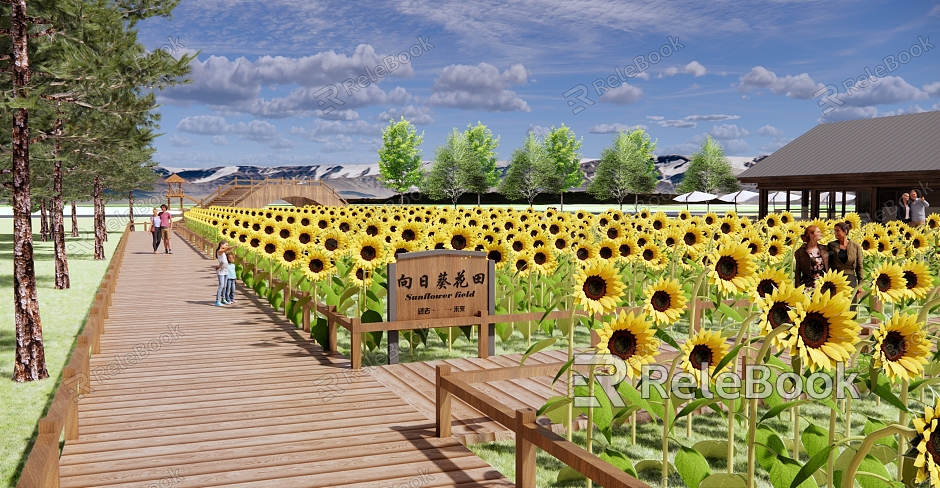 New Chinese Park Sunflower Flower Field Park Landscape Flower Sea Beautiful Rural Tourism Resort Landscape Wooden Plank Road Visitor Center model