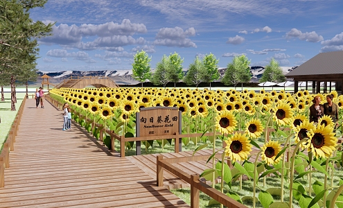 New Chinese Park Sunflower Flower Field Park Landscape Flower Sea Beautiful Rural Tourism Resort Landscape Wooden Plank Road Visitor Center 3d model