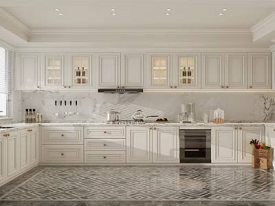 Modern White Kitchen Interior With Glass Front Cabinets Marble Countertop And Appliances 3d model