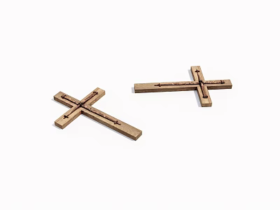 Two Handcrafted Wooden Crosses with Carved Slots on White Surface 3d model