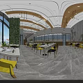 Modern Restaurant Interior With Yellow Black Chairs White Dining Tables Green Plants And Hanging Lights