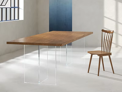 Modern Dining Table Set With Wooden Tabletop Transparent Legs And Wooden Chair 3d model