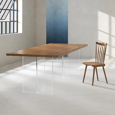 Modern Dining Table Set With Wooden Tabletop Transparent Legs And Wooden Chair 3d model