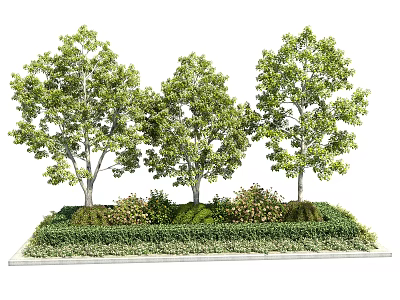 Three Lush Trees With Green Foliage And Surrounding Bushes On Vibrant Lawn 3d model