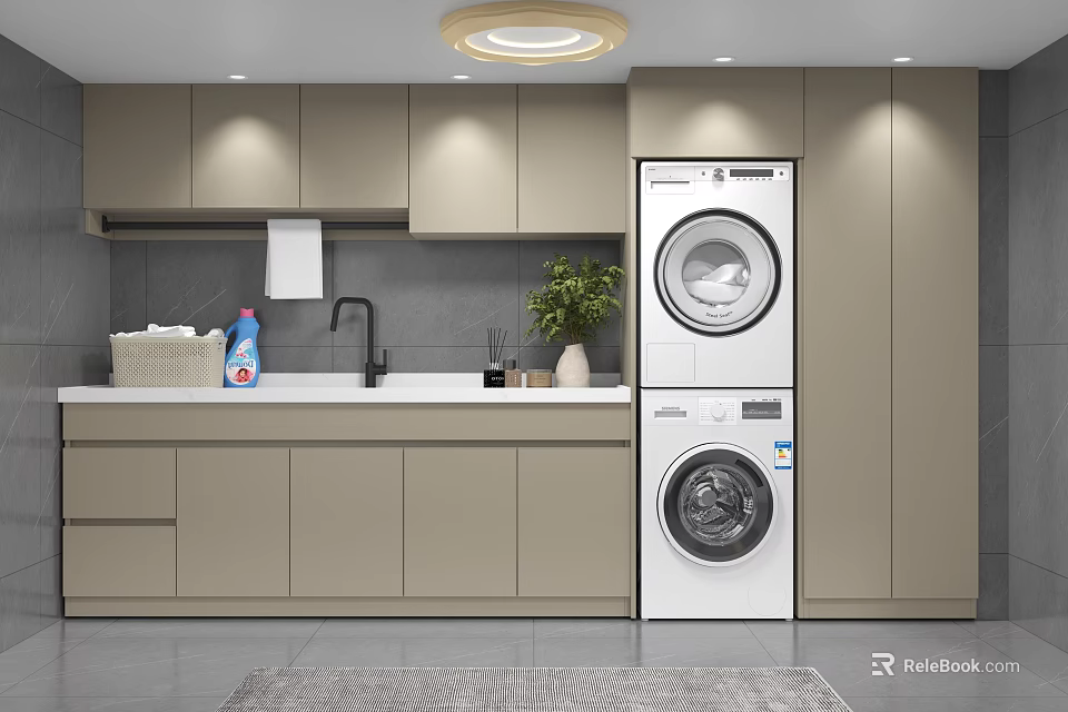 Modern Bathroom Cabinetry with Countertop Sink Stacked Washer Dryer and Potted Plant 3d model 