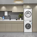Modern Bathroom Cabinetry with Countertop Sink Stacked Washer Dryer and Potted Plant