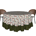 Round Table With Floral Tablecloths Ruffled Edges And Various Designs With Chairs