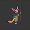 Anthropomorphic Fennec Fox Character Standing With Trident Staff And Blue Scarf