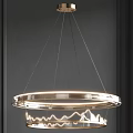 Modern Chandelier With Circular Metallic Frame And Illuminated Light Strips In Dark Background