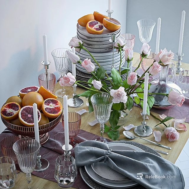 Elegant Dinnerware Set With Stacked Plates Pink Roses Blood Oranges Glassware Gray Napkins And Candles 3d model 