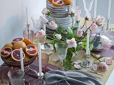 Elegant Dinnerware Set With Stacked Plates Pink Roses Blood Oranges Glassware Gray Napkins And Candles 3d model