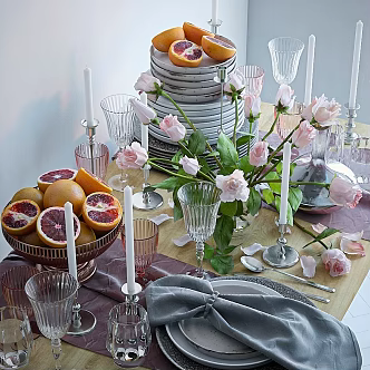 Vintage tableware combination set service dishes flowers bouquet 3d model