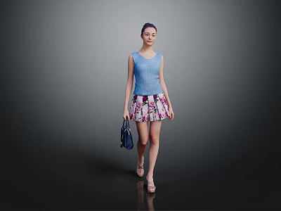 Woman in Blue Sleeveless Top and Floral Printed Skirt Holding Blue Handbag Wearing Sandals 3d model