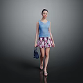 Woman in Blue Sleeveless Top and Floral Printed Skirt Holding Blue Handbag Wearing Sandals