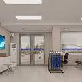Modern Service Hall Interior with Ticket Dispenser Service Counter Large Screen and Comfortable Chairs