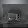 Vintage Gray TV Displayed On Concrete Stand With Textured Background Wall