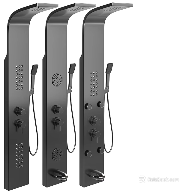 Modern Black Shower Panels With Handheld Showerheads Overhead Sprays And Control Knobs 3d model 