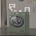 Modern Green Front Loading Washing Machine in Home Interior with Transparent Door and Wall Decorations