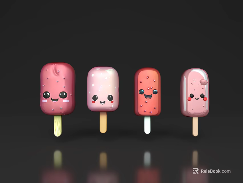 Colorful Cartoon Ice Cream Pops With Smiling Faces And Different Colors On Sticks 3d model 