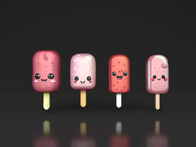 Colorful Cartoon Ice Cream Pops With Smiling Faces And Different Colors On Sticks 3d model