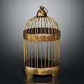 Golden Birdcage Decorative Ornament Set Featuring Intricate Carvings And Decorative Base