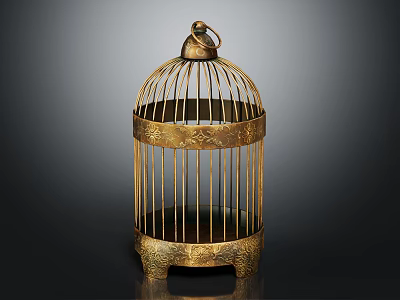 Golden Birdcage Decorative Ornament Set Featuring Intricate Carvings And Decorative Base 3d model