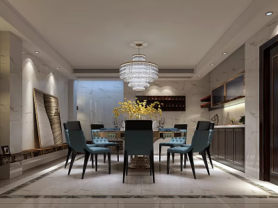 Elegant Restaurant Interior With Crystal Chandelier Dining Table Blue Chairs Yellow Flowers And Marble Walls 3d model