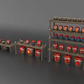 Household Storage Jars And Containers On Wooden Shelves With Red Labels White Patterns