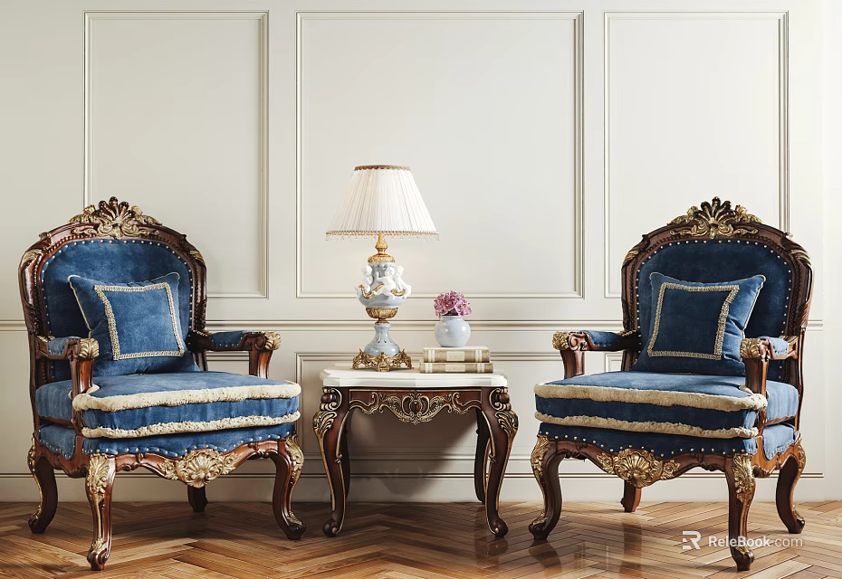 Leisure Sofa Set With Carved Wooden Frame Blue Upholstery Coffee Table Lamp And Paneled Walls 3d model 