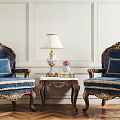 Leisure Sofa Set With Carved Wooden Frame Blue Upholstery Coffee Table Lamp And Paneled Walls