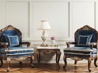 Leisure Sofa Set With Carved Wooden Frame Blue Upholstery Coffee Table Lamp And Paneled Walls 3d model