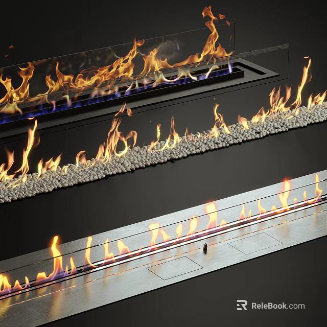 Modern Fireplace Design With Burning Flames And Decorative Pebbles In Home Interior 3d model 
