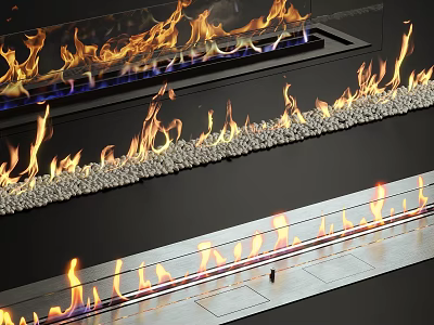 Modern Fireplace Design With Burning Flames And Decorative Pebbles In Home Interior 3d model