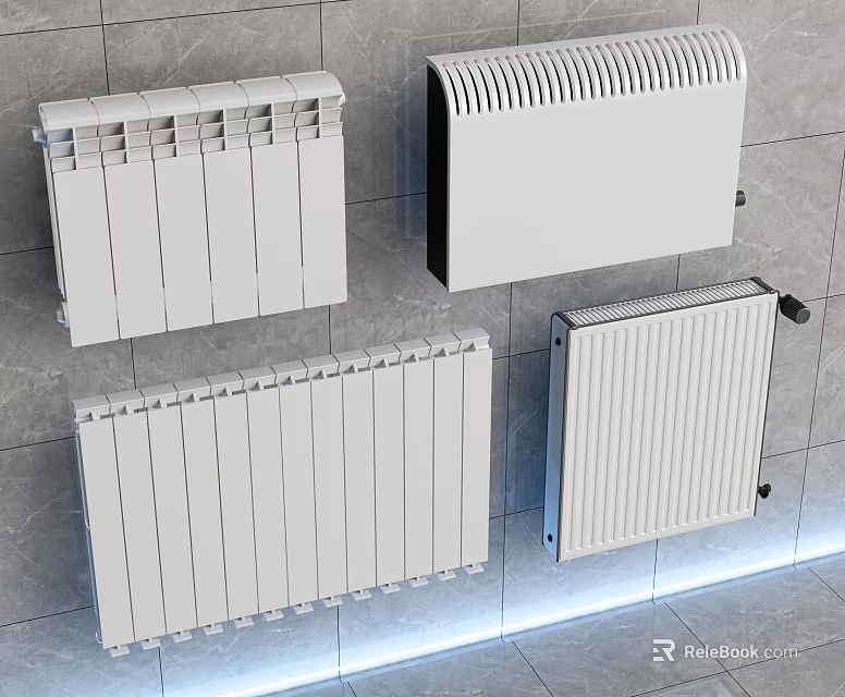 Four White Radiators Mounted on Gray Tiled Wall With Blue Lighting at the Bottom 3d model 