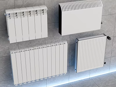 Four White Radiators Mounted on Gray Tiled Wall With Blue Lighting at the Bottom 3d model
