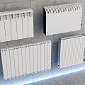 Four White Radiators Mounted on Gray Tiled Wall With Blue Lighting at the Bottom