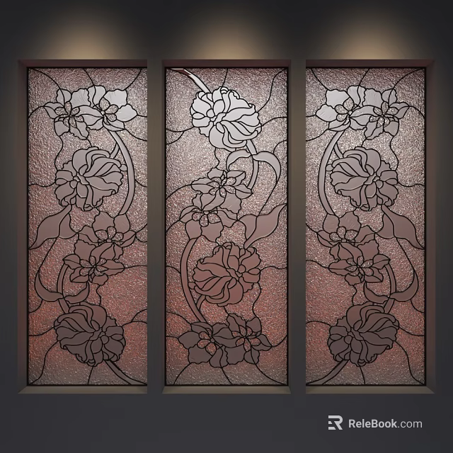 Three Panel Stained Glass Carved Windows with Intricate Floral Patterns for Interior Design 3d model 
