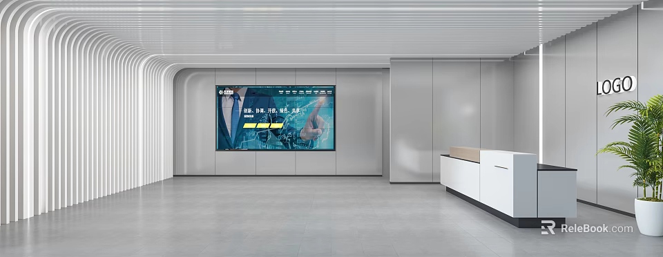 Modern Reception Desk in Minimalist Office With Large Display Screen and Light Colored Background 3d model 
