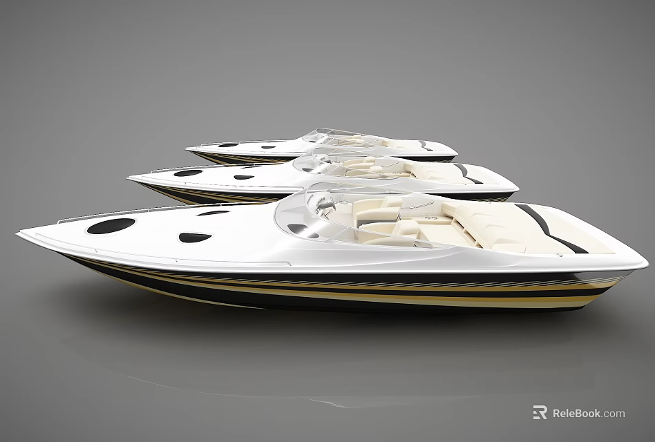 Three White Speedboats Featuring Black Accents And Beige Seats On Sleek Surface 3d model 